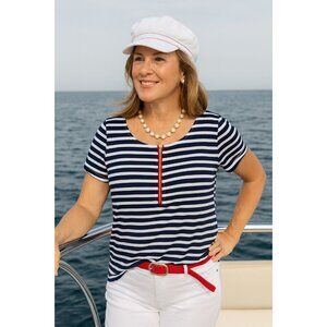 Lauren Ralph Lauren Nautical Striped Navy White Cotton Shirt Red Women XL Travel